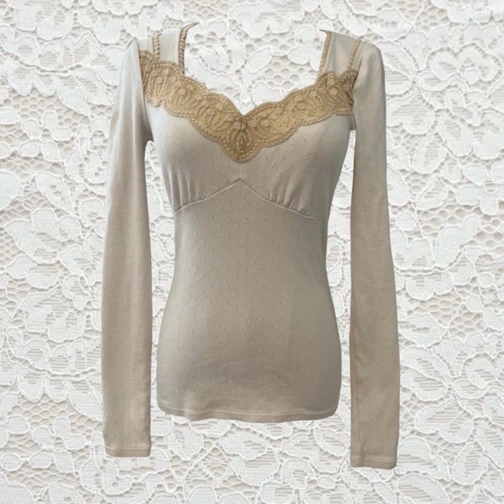 vintage cream lace fairy babydoll long sleeve fitted top